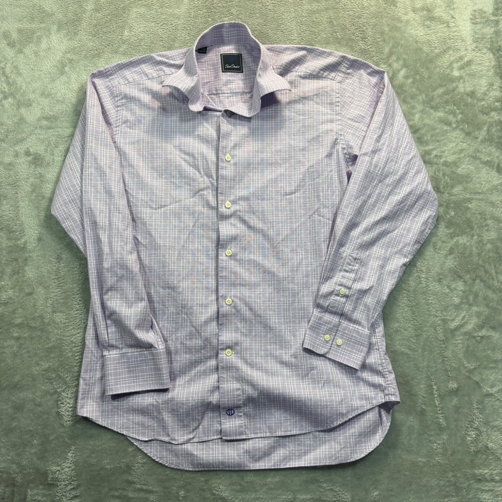 David Donahue Dress Shirt Mens 16 34/35 Lavender Plaid Cotton Long Sleeve Spread
